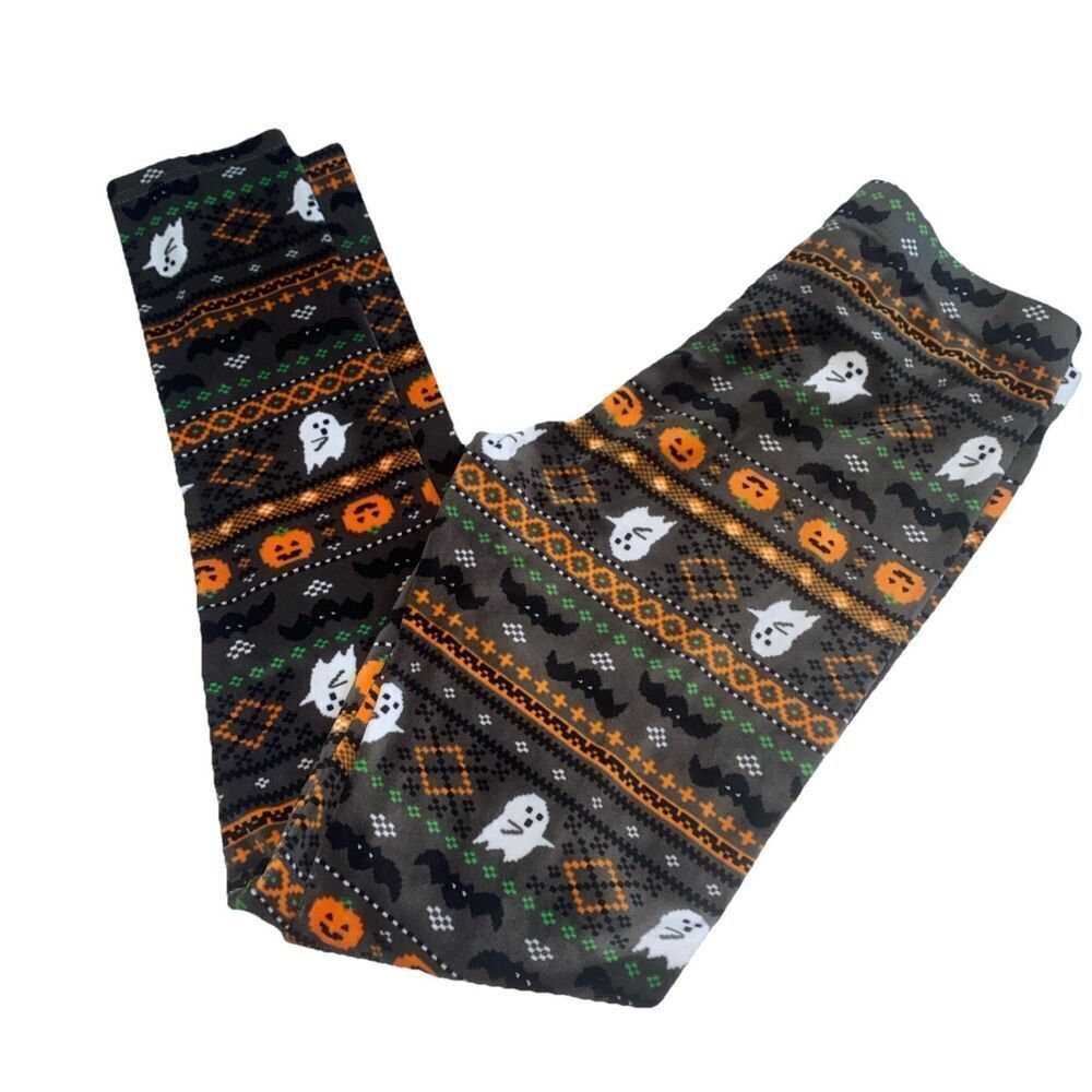 Halloween Leggings Medium 7/9 Ghosts Bats Fair Isle Print Black Gray Orange Gree